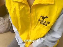 A_food_delivery_guy_tricks_a_female_Meituan_rider Seductive Redhead Asian Beauty Offers Sultry Indoor Blow Job Action